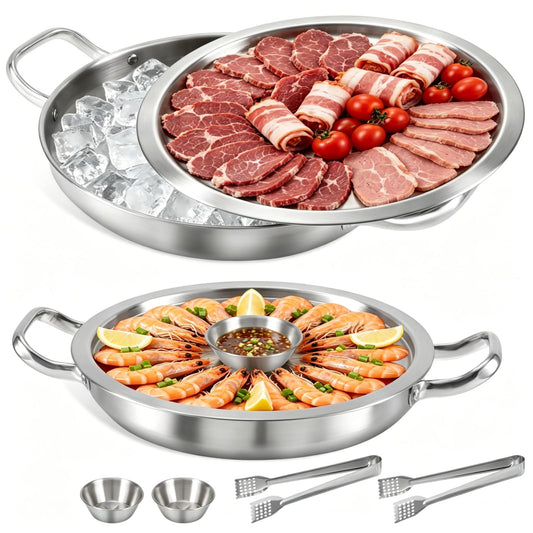 2 Set 12 Inch Chilled Serving Trays for Parties, Shrimp Cocktail Serving Dish with Ice Tray, Stainless Steel Chilled Party Platter, Cooling Charcuterie Serving Board for Fruits Veggies Buffet Parties
