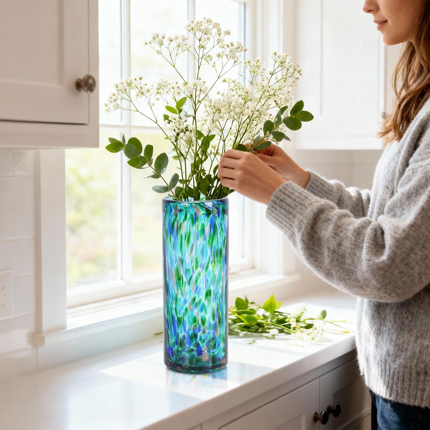 9.45" Tall Teal Vase Hand Blown Glass Vase Green, Modern Teal Home Centerpieces Wide Mouth Vases for Bud&Flower Decor - Ideal Living Room, Kitchen, Wedding, Dining Table, Office Center Table