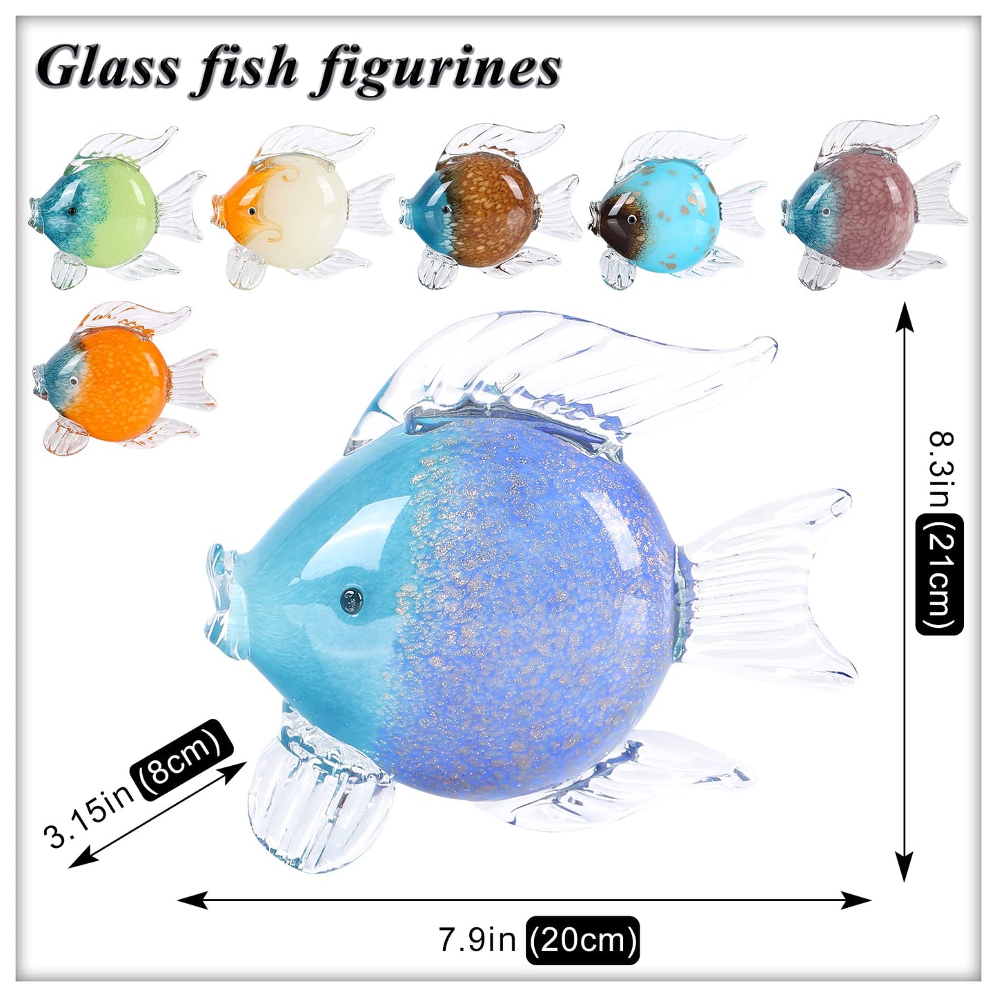 oliruim Blue Glass Fish Art Decoration Hand Blown Glass Fish Figurine, Art Paperweight Collection, Modern Office Luxury Decorations(WA-7)