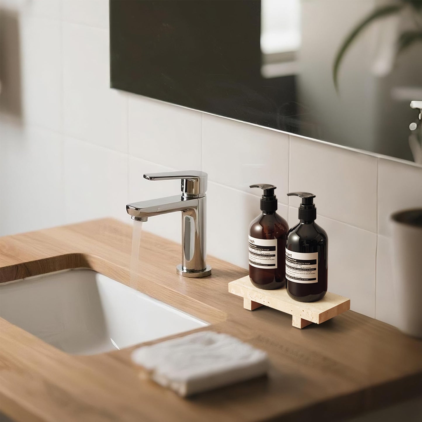 WORHE Travertine Soap Tray for Bathroom Countertop 8.6" x 3.5" Waterproof Stone Soap Dish Holder, Marble Pedestal Stand for Sink, Vanity, Counter Luxury Decorative Tray Farmhouse Decor Beige (WH087)