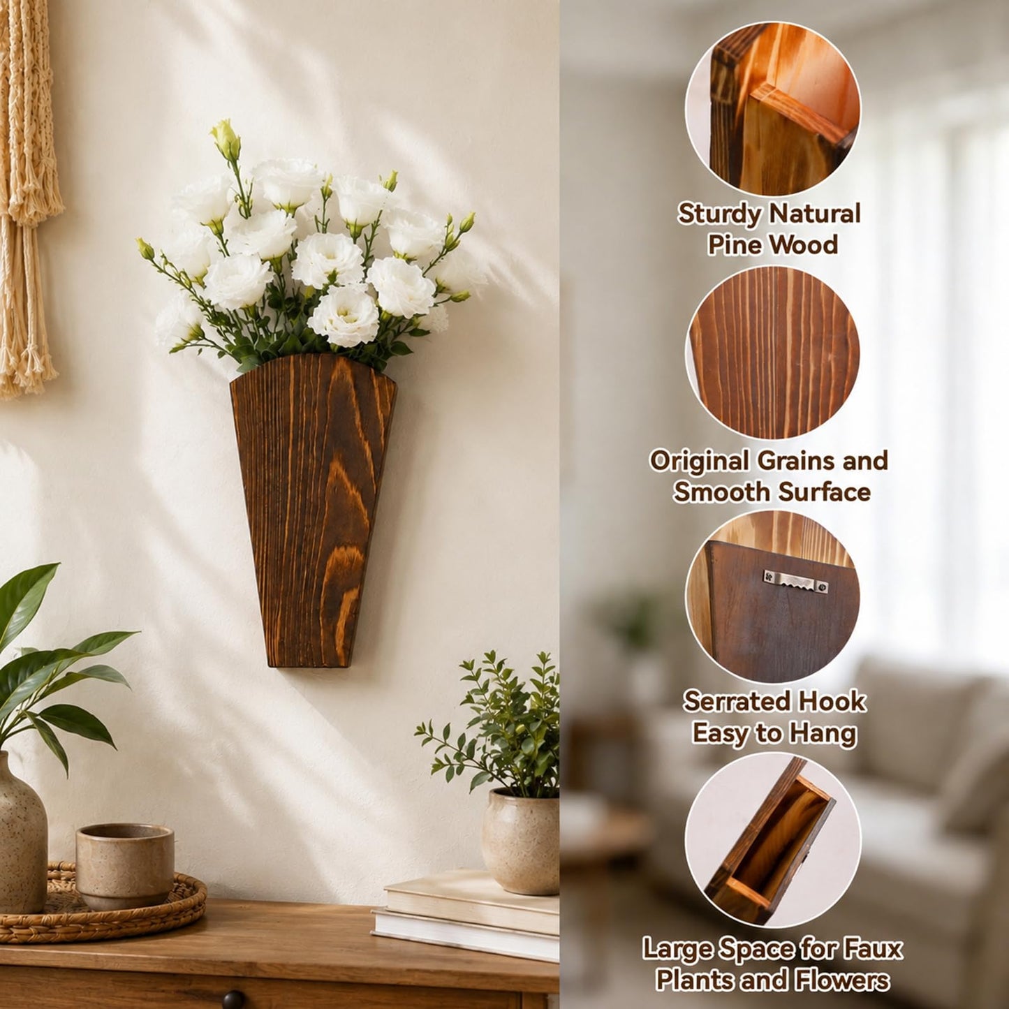 Artilady 2 Pack Wooden Wall Vase Boho Decor, Wall Mounted Hanging Planter for Indoor Modern Farmhouse Wall Art for Living Room Bathroom Hallway Bedroom (Charcoal, Fan Tapered)