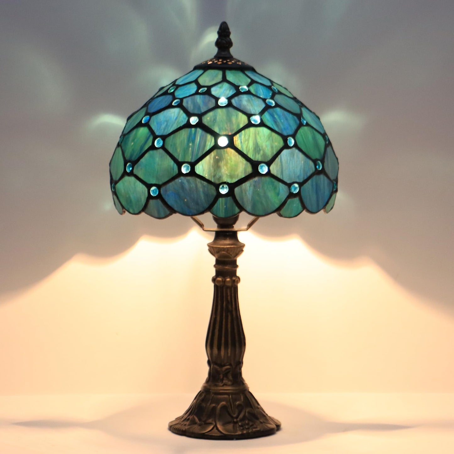 LXHCYOU Small Tiffany Lamp Mini Accent Table Lamp Stained Glass Desk Memory Lamp Sympathy 8X14.5 Inch (Sea Blue Pearl Style)