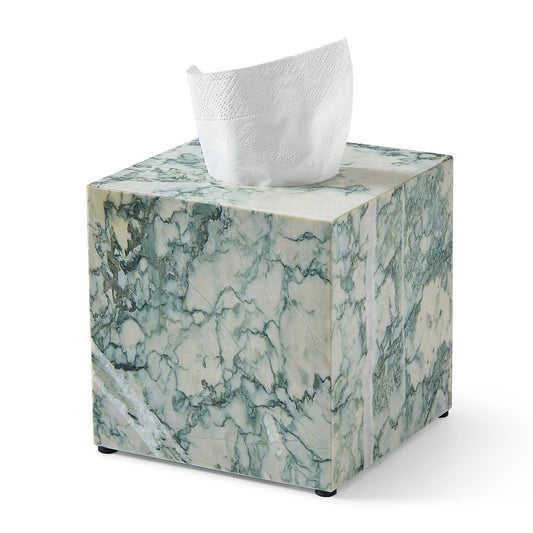 Real Natural Marble Tissue Box Cover, 5.5 Inch Square Marble Tissue Box Holder with Open Bottom, Heavy Stone Decorative Organizer for Bathroom Vanity, Kitchen Countertop, Luxury Home Décor