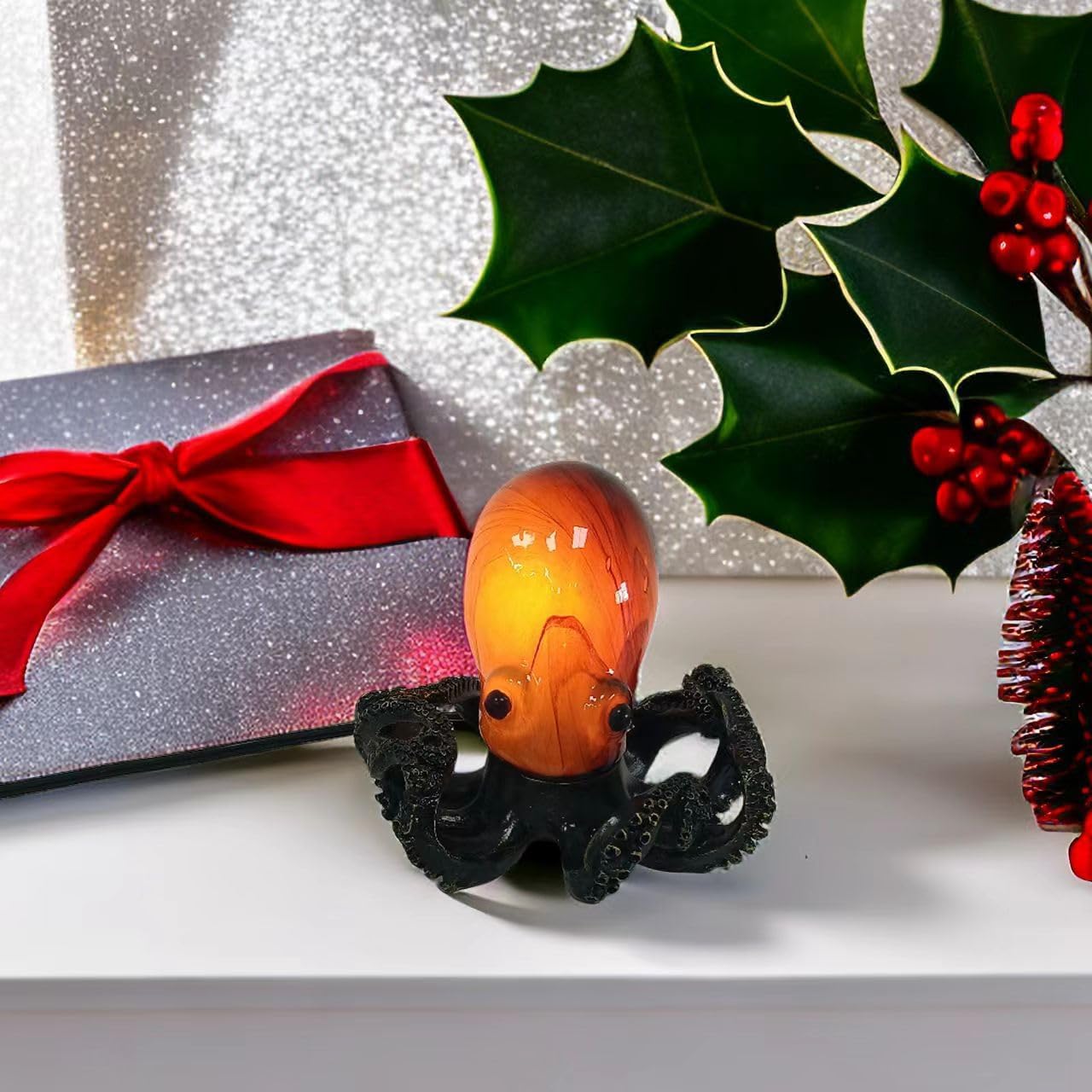 Aotmkj Octopus Lamp, Unique Bronze Resin Suction Cup Texture Tentacles Amber Glass Body Nautical Decor Art Lamp Coastal Accent Decor Night Light