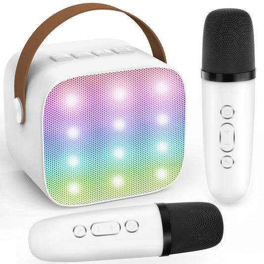 Mini Karaoke Machine for Kids 3-12 Years Old - Toddler Toys Birthday Gift for Girls Ages 3 4 5 6 7 8 9 10, Portable Bluetooth Speaker Set with 2 Wireless Microphones fits Family Fun Home Party, White