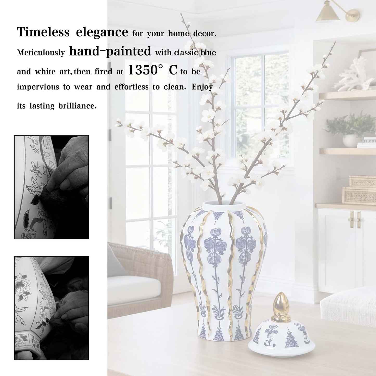 Siqiyangly Blue and White Ginger Jar with lid, 18 Inch Large Ceramic Vase for pampas grass, Luxury Home Decor White Gold Tall Flower Vase for Living Room Kitchen Centerpiece, Hotel Wedding Decor