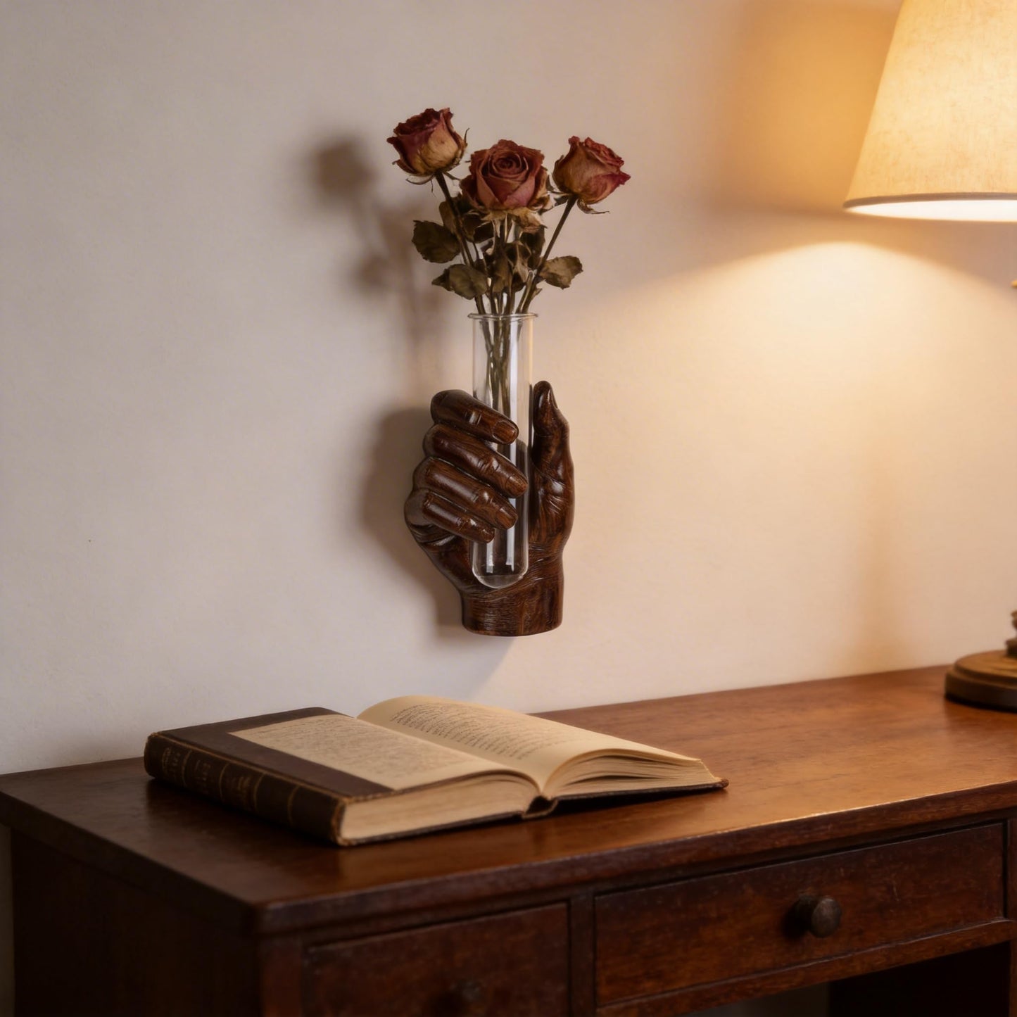 Hand Wall Sculpture with Vase – Unique Resin Art, Wall-Mounted Flower Vase, Modern Decor for Living Room, Office, Apartments, Stylish Home, Elegant Interior, Contemporary Decoration (Wood)