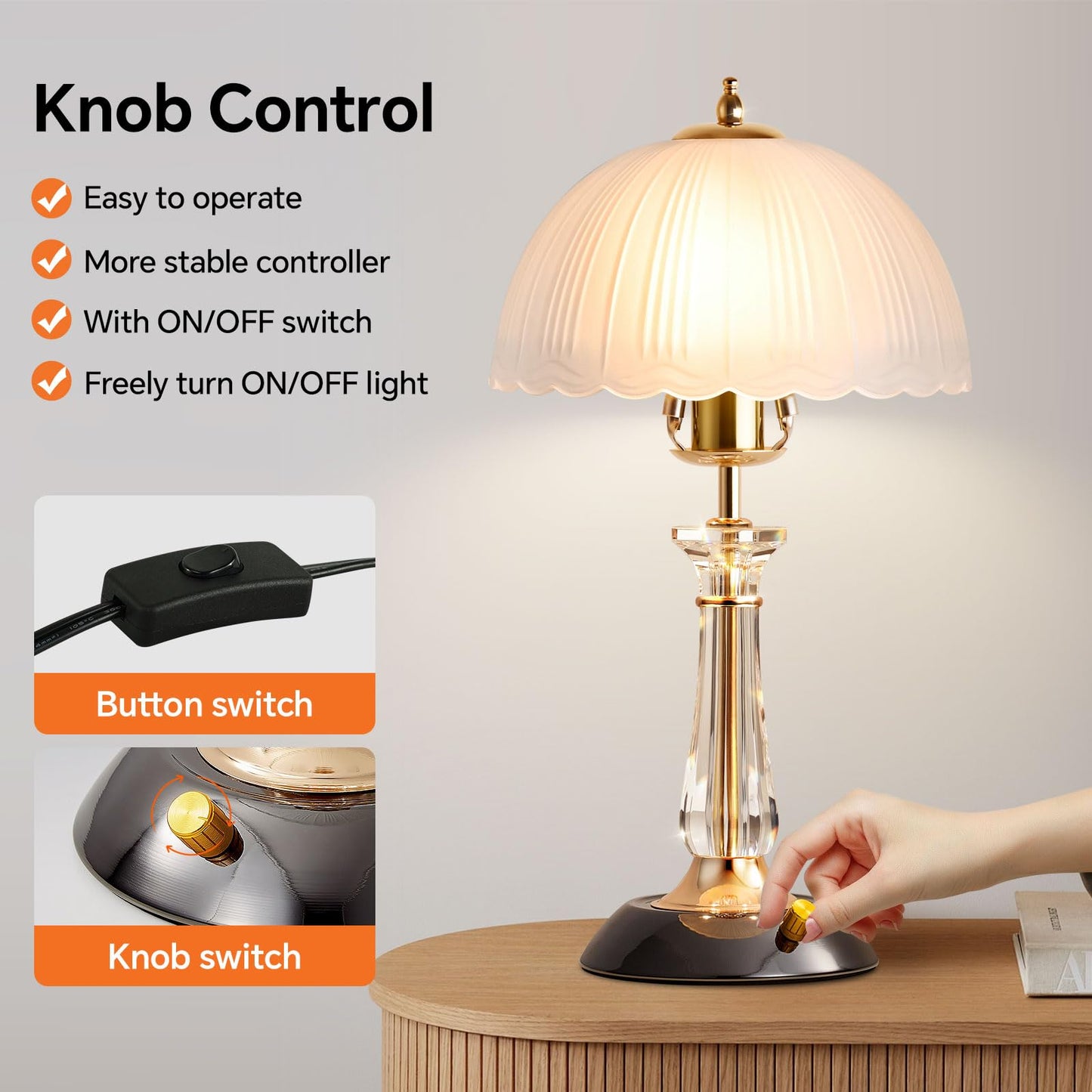 Flashine Crystal Table Lamp,Dimmable Bedside Lamp with ON/Off Switch Modern Glass Lamps for Night Stands Bedroom Living Room Decor (1PACK)