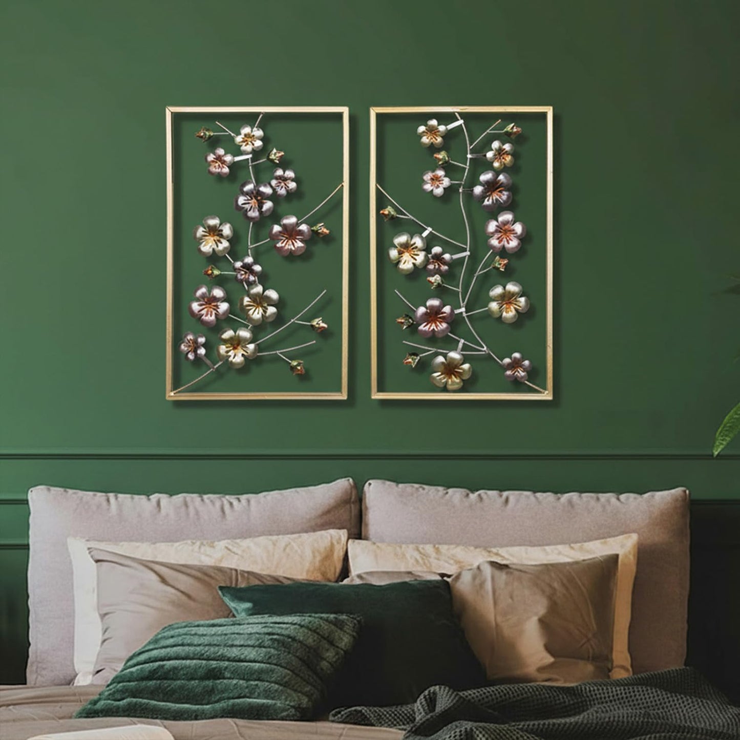 Metal Flower Wall Decor Framed, Set of 2 Floral Art wall decor, Elegant Wall Decorations for Living Room Bathroom Bedroom Above Bed Housewarming