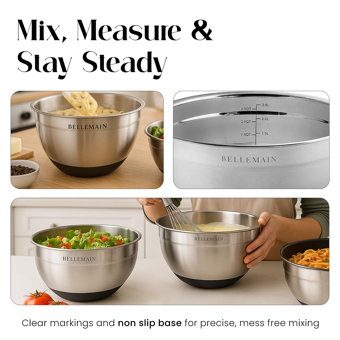 Bellemain Mixing Bowls with Lids Set - Stainless Steel Mixing Bowls with Airtight Lids - Food Storage Containers - 3PCS Set with Non-Slip Bottoms Kitchen Essentials for Baking - Serving
