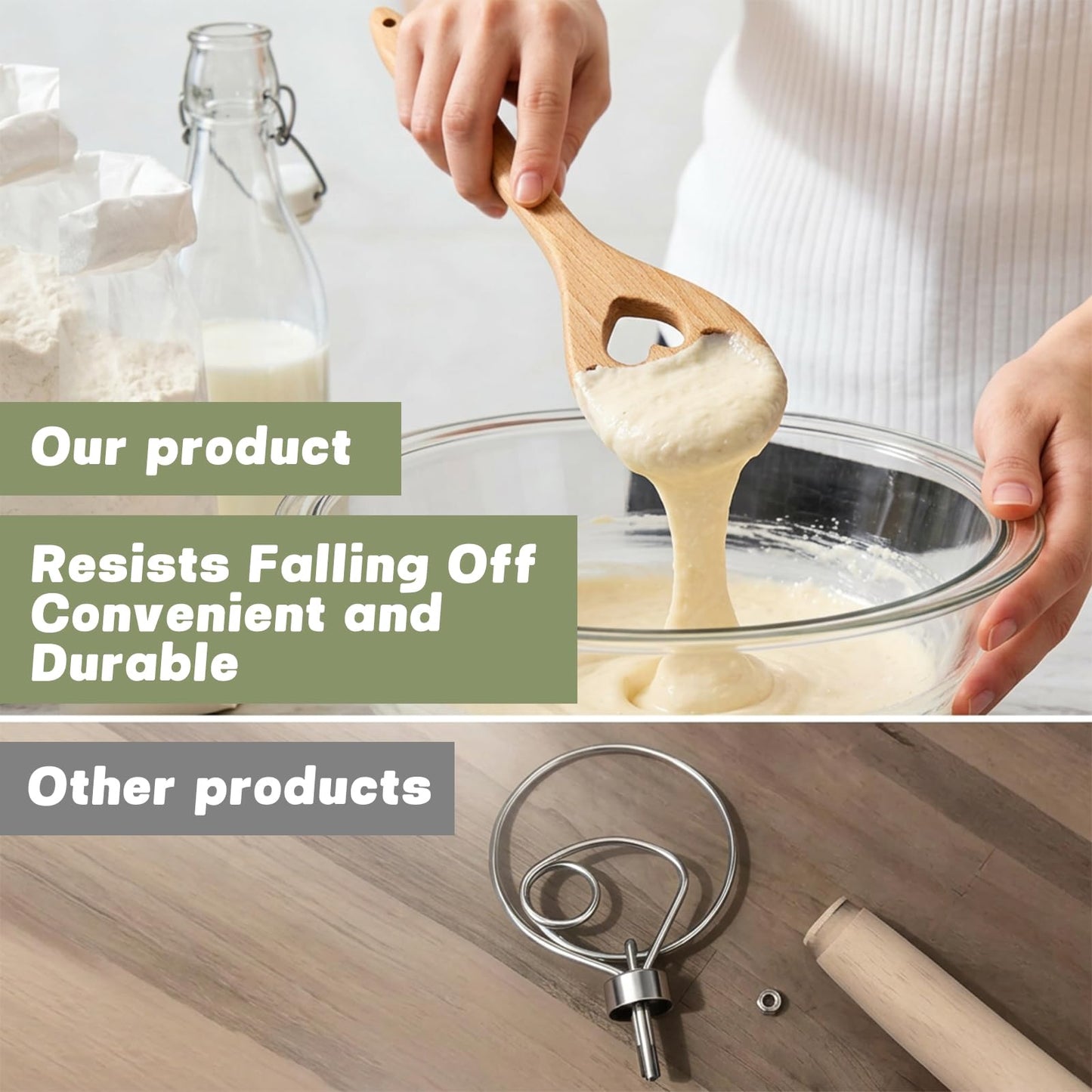 Wooden Danish Dough Whisk - 12.6" Handcrafted Dutch Bread Whisk for Batter, Pizza Dough & Baking - Upgraded One-Piece Sourdough Whisk with Flow-Through Design