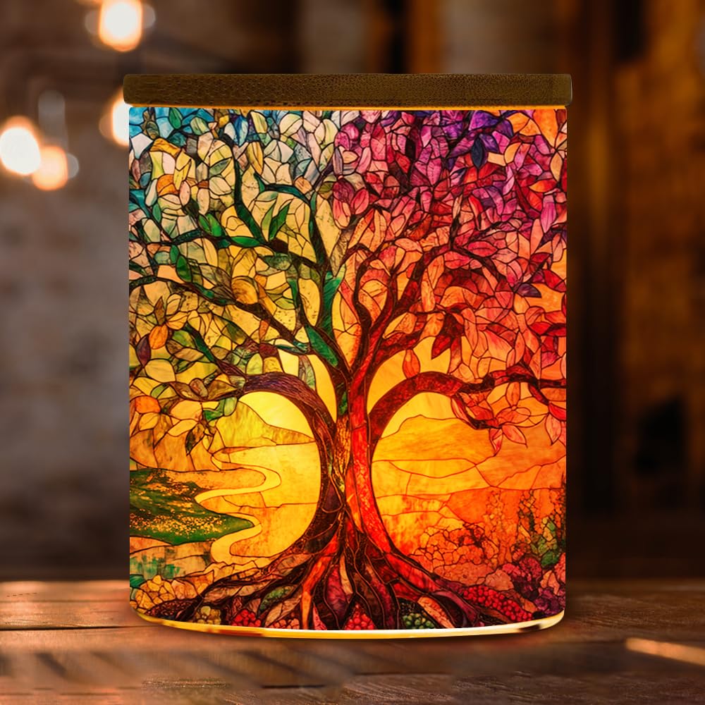 Stained Glass Tree of Life Tea Light Candle Holder with Bamboo Lid, Tree of Life Decorations Light Glass Tealight Holder, LED Candle Tealight Jar for Birthday,Wedding,Home Decor