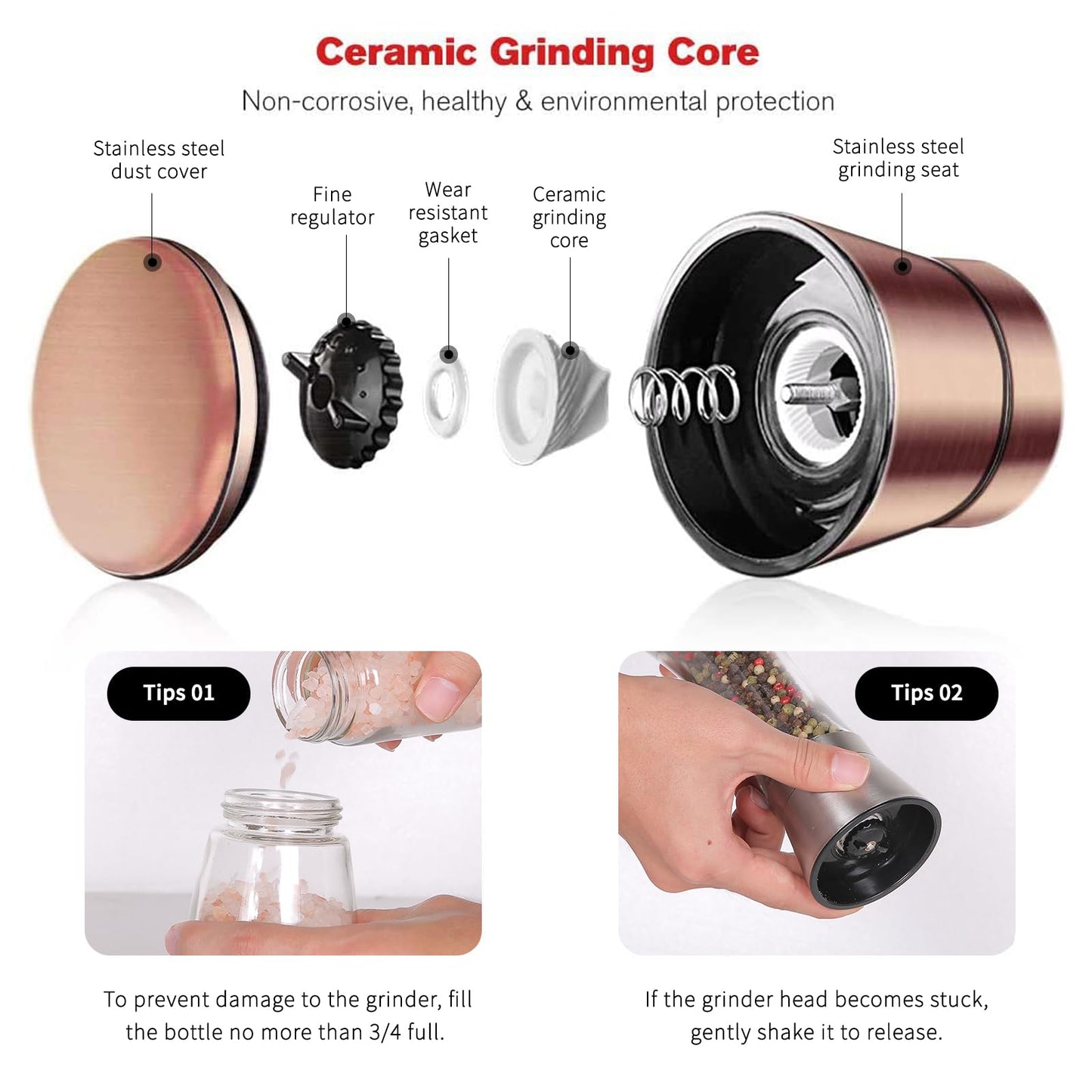 bonris Copper Stainless Steel Salt and Pepper Grinder Set Manual Himalayan Pink Salt Mill|Salt and Pepper Shakers with Adjustable Coarseness and Clear Glass Body (Pack of 2)