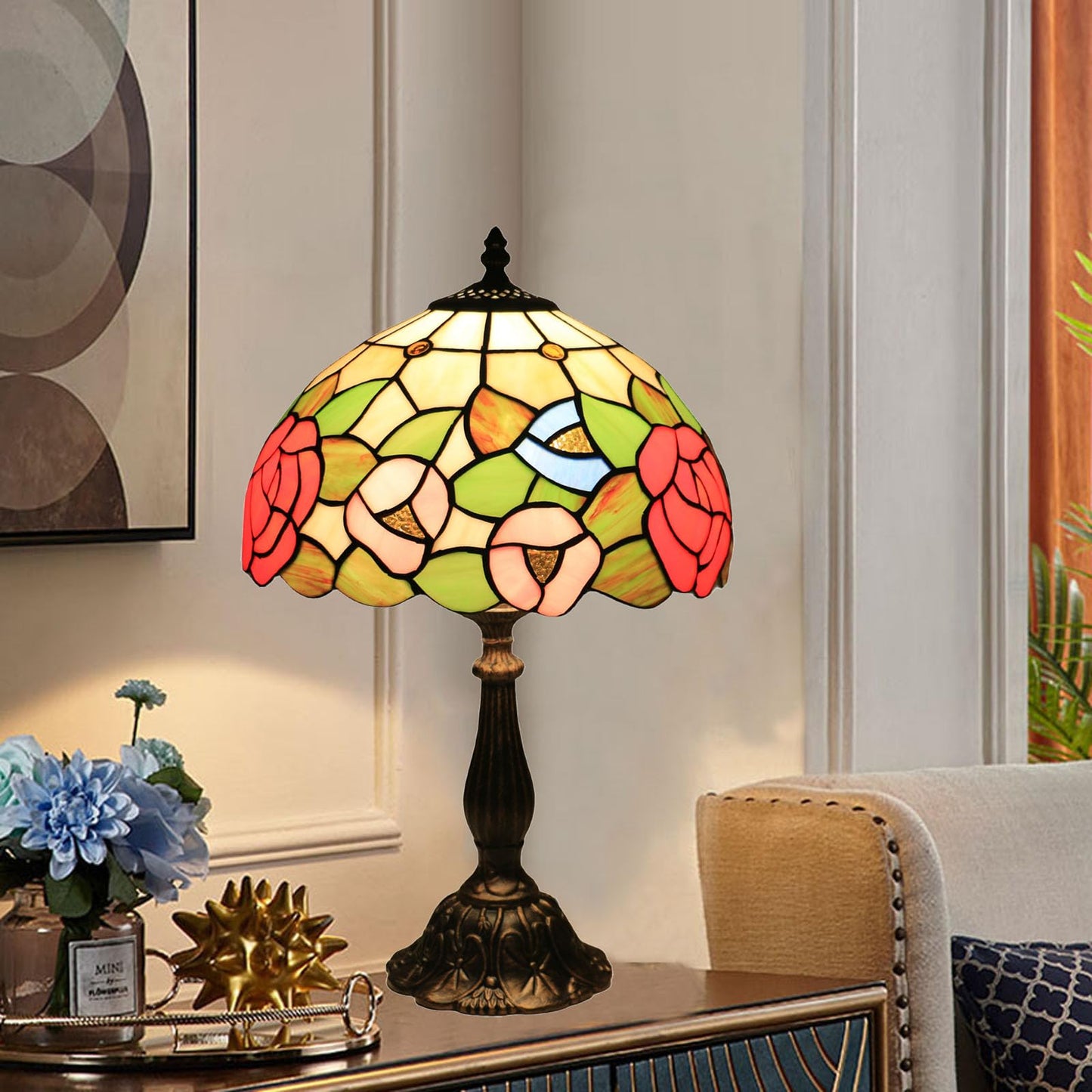 tuomoxte Tiffany Style Table Lamp, Stained Glass Bedside Lamp, Handmade Antique Desk Lamp, Red Rose Pattern, for Living Room Bedroom Home Office, Height 19 Inch, Width 12 Inch, Include LED Bulb