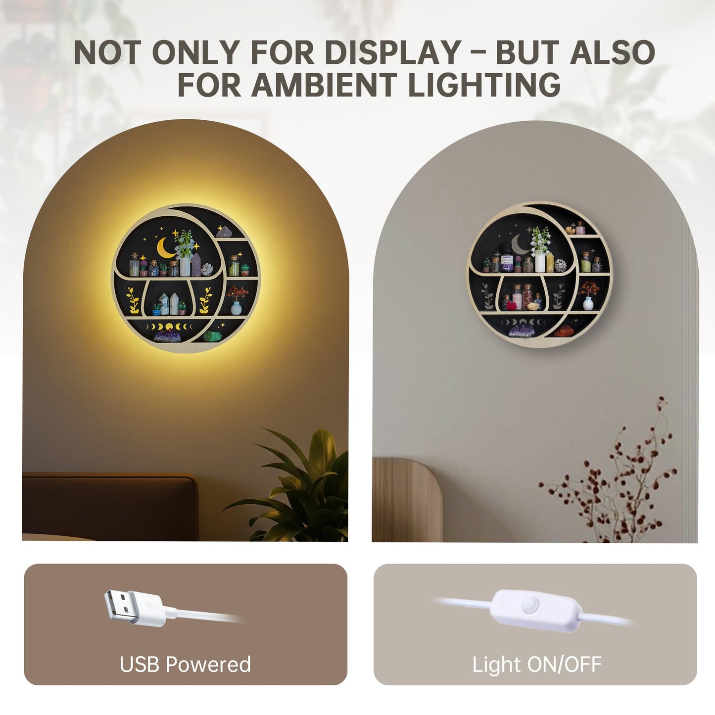Circle Mushroom on The Moon Wall Shelf with LED, Wooden Trinket Knick Knack Shelf, Witchy Moon Decor Crystal Display Shelf for Rocks Gems Healing Stones, Celestial Room Decor Crystal Holder Organizer