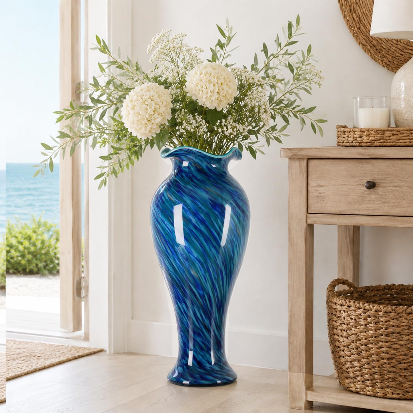 20" Tall Hand Blown Glass Vase – Pretty Ruffle Wide Mouth Decorative Flower Vase, for Modern Home Decor, Ideal Centerpiece for Living Rooms, Wedding & Home Decor