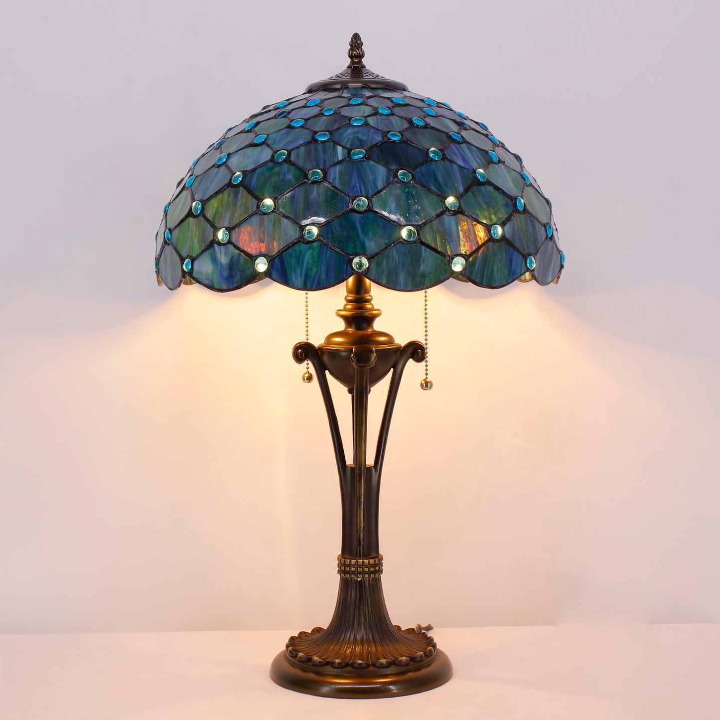 L-Juicwe Tiffany Table Lamp Sea Blue Pearl Stained Glass Desk Lamp 16X16X24 Inches Reading Light