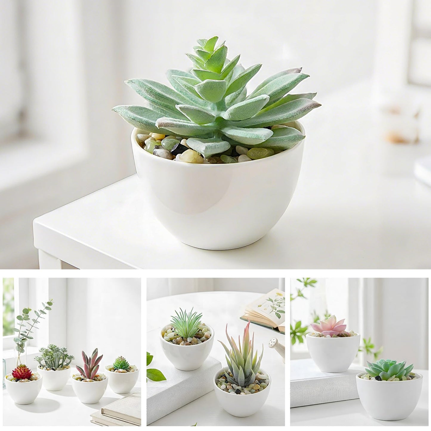 Suncalla 16 Pcs Artificial Succulent Plants with 2.2lb Small Decorative Jade Pebbles Set Small Plastic Faux Succulent Plants for Craft Flocked DIY Floral Home Garden Office Party Decor(Classic)
