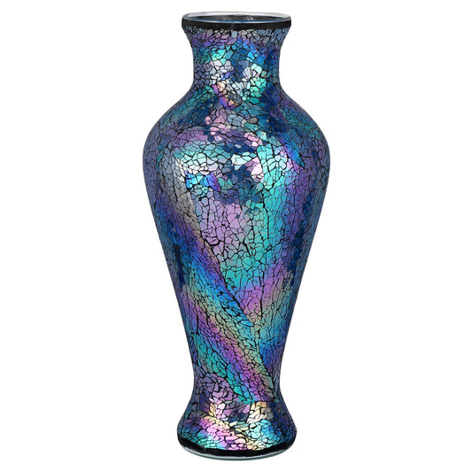 MDLUU Mosaic Vase 15.3" Tall, Handcrafted Crackled Glass Vase, Decorative Flower Vase for Home Decor, Wedding, Table Centerpiece, Gift (Multicolored Blue)