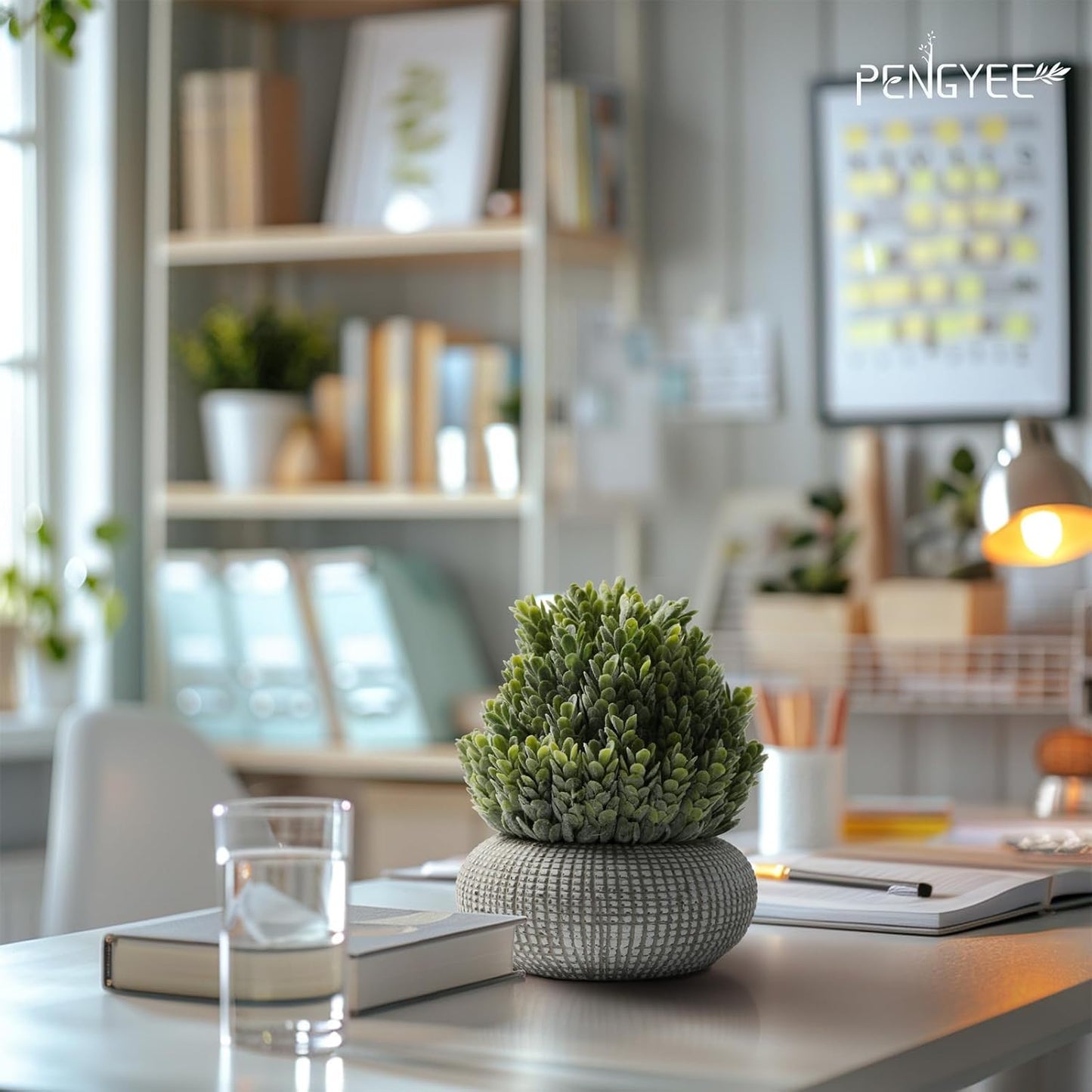 PENGYEE 4 Pack Small Fake Plants in Pulp Pots & 2 Pack Artificial Plants in Cement Planters Bundle