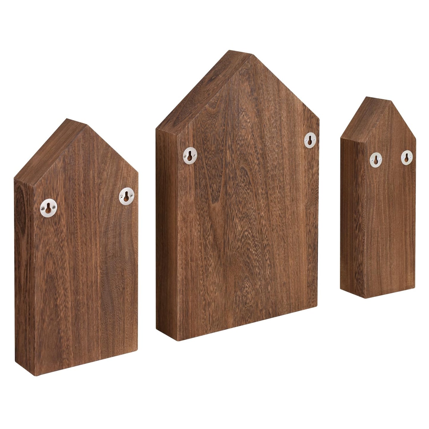 Ikee Design 3 Pcs Set House-Shaped Shelf Wooden Shadow Cubby Box Display Shelf Organizer Storage Display Shadow Box for Mini Figures,15 Compartments, Brown Color