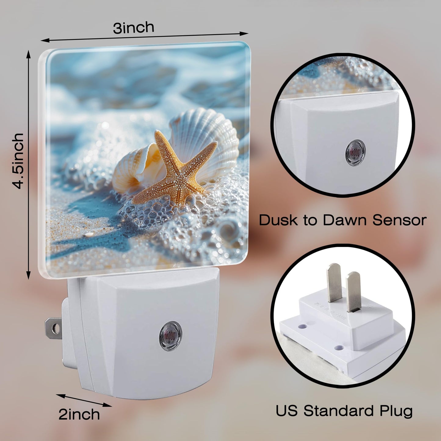 sndheke Starfish Seashell on Beach Night Light Plug into Wall, Summmer Ocean Beach Dusk to Dawn Night Light,0.5w Energy Saving Sleep Friendly Nightlights for Kids Boys Girls Home Decor