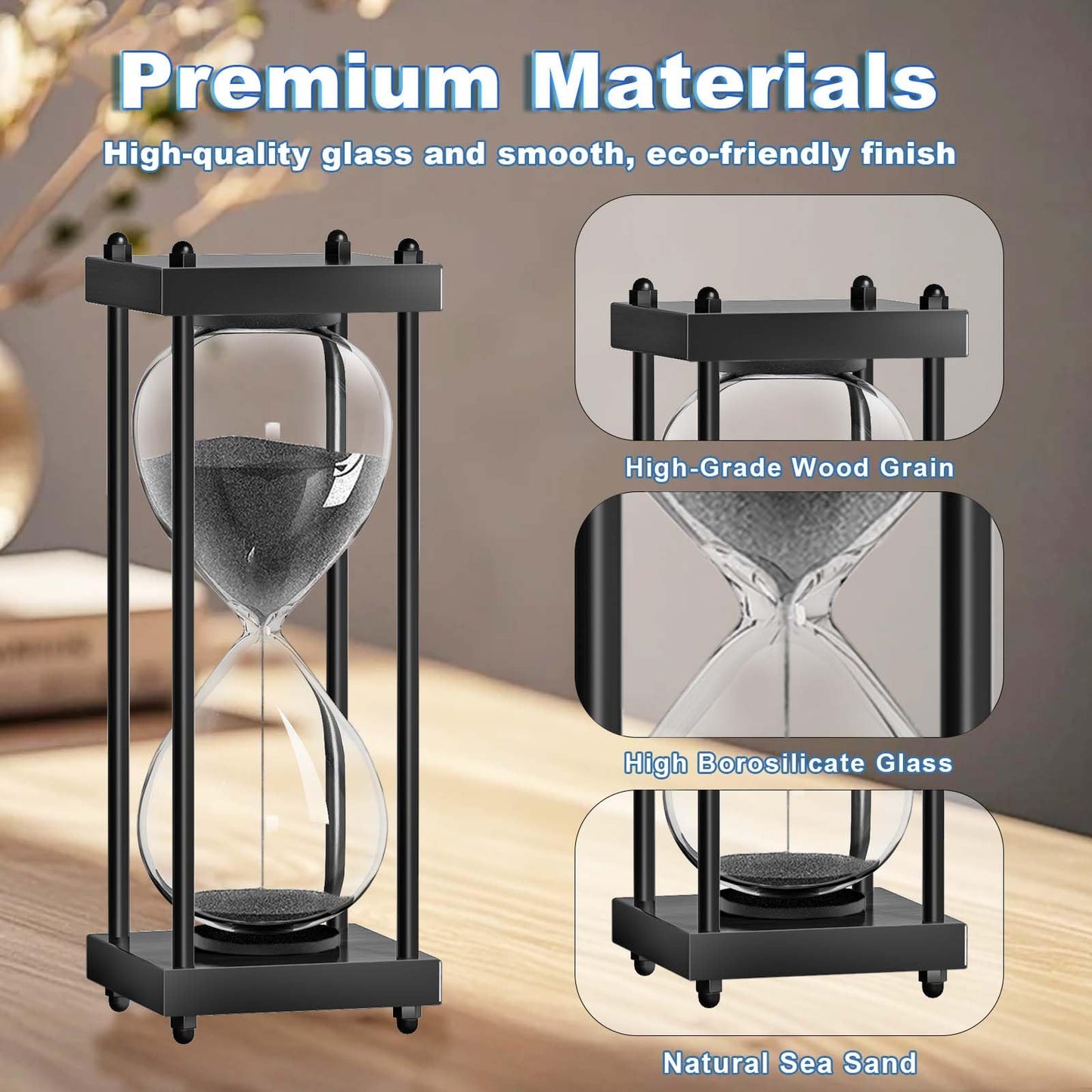 60 Minutes Sand Hourglasses: Black Wooden Sand Timer Clock, Reloj De Arena 1 Hora, SandWatch 60 Min, 1 Hour Sandglass for Home Office Desk Decorative (Black)