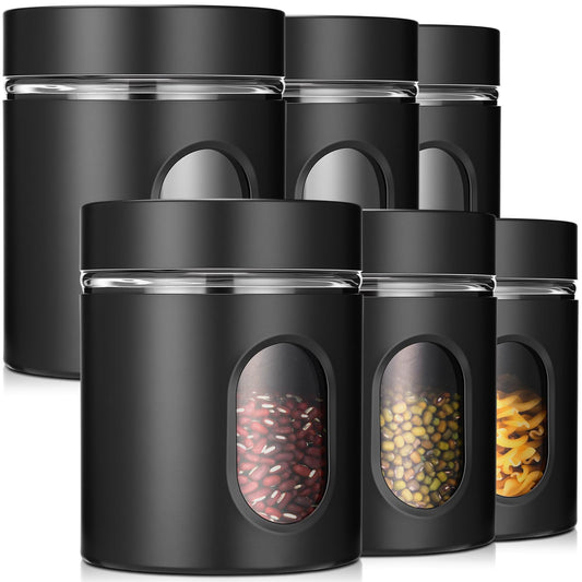 Patelai 6 Pack Kitchen Canisters Set 20 oz Airtight Stainless Steel Canister Food Storage Container with Window Glass, Coffee Sugar Candy Jars Tea Organizer for Flour Cookies Spice Kitchen (Black)