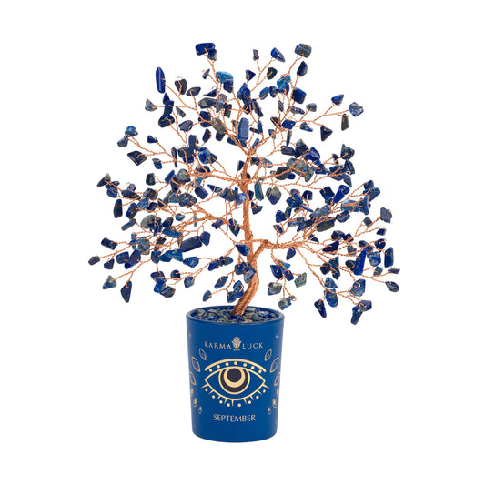 KARMA AND LUCK Intuitive Charm Lapis September Birthday Tree – Feng Shui Crystal Tree for Wisdom & Insight – Spiritual Gift for Birthday & Healing