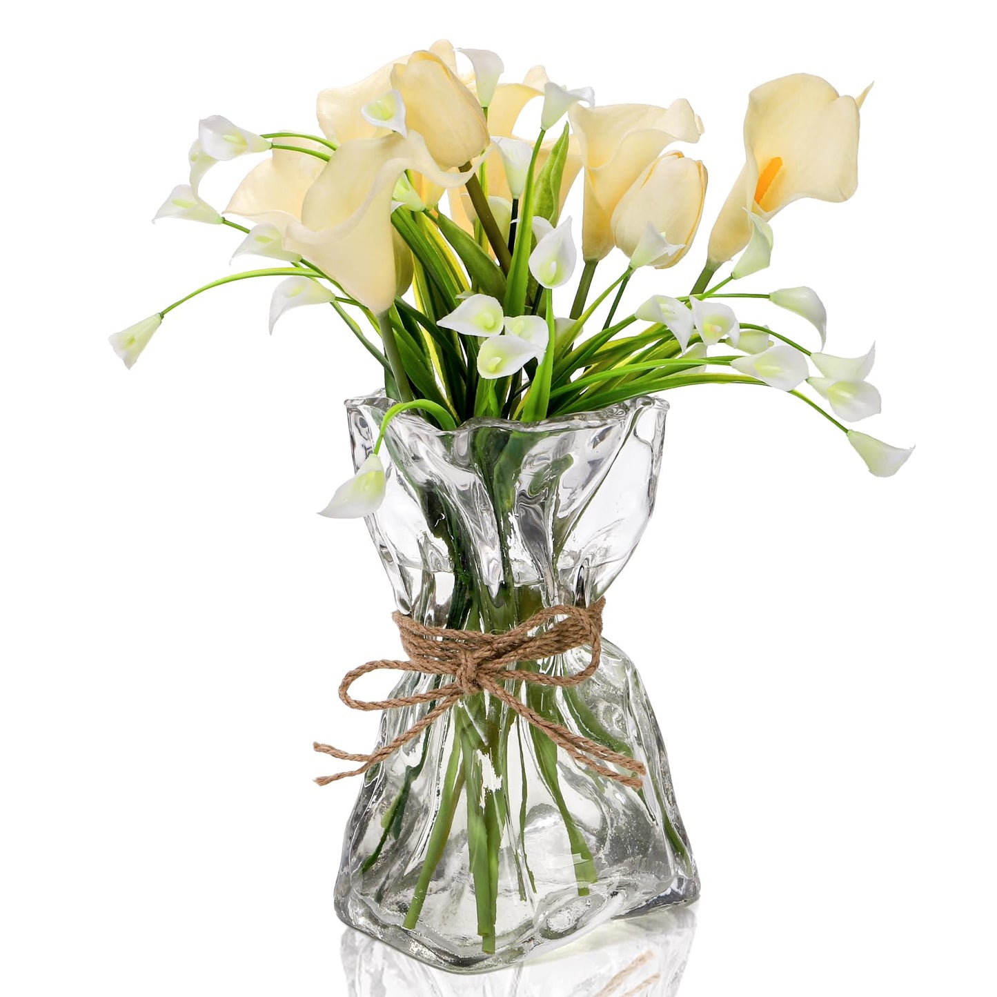 Covzoe Glass Vase, 8.7 Inch Tall Irregular Shaped Flower Vase with Hemp Rope, Clear Art Decorative Vases for Table Centerpiece, Modern Bouquet Vases for Home Office Wedding Housewarming Gift