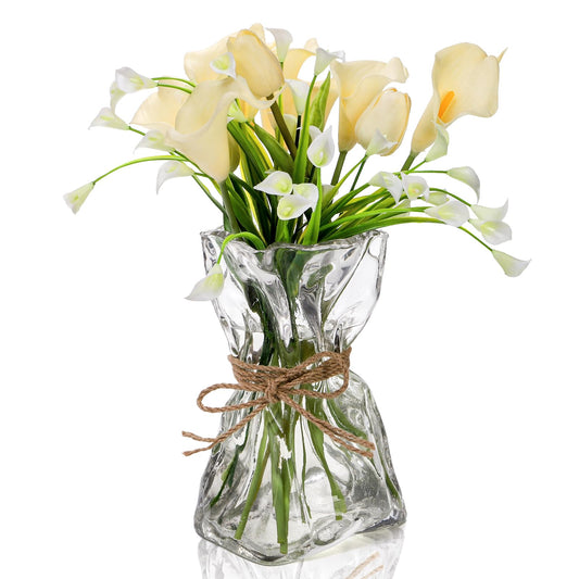 Covzoe Glass Vase, 8.7 Inch Tall Irregular Shaped Flower Vase with Hemp Rope, Clear Art Decorative Vases for Table Centerpiece, Modern Bouquet Vases for Home Office Wedding Housewarming Gift
