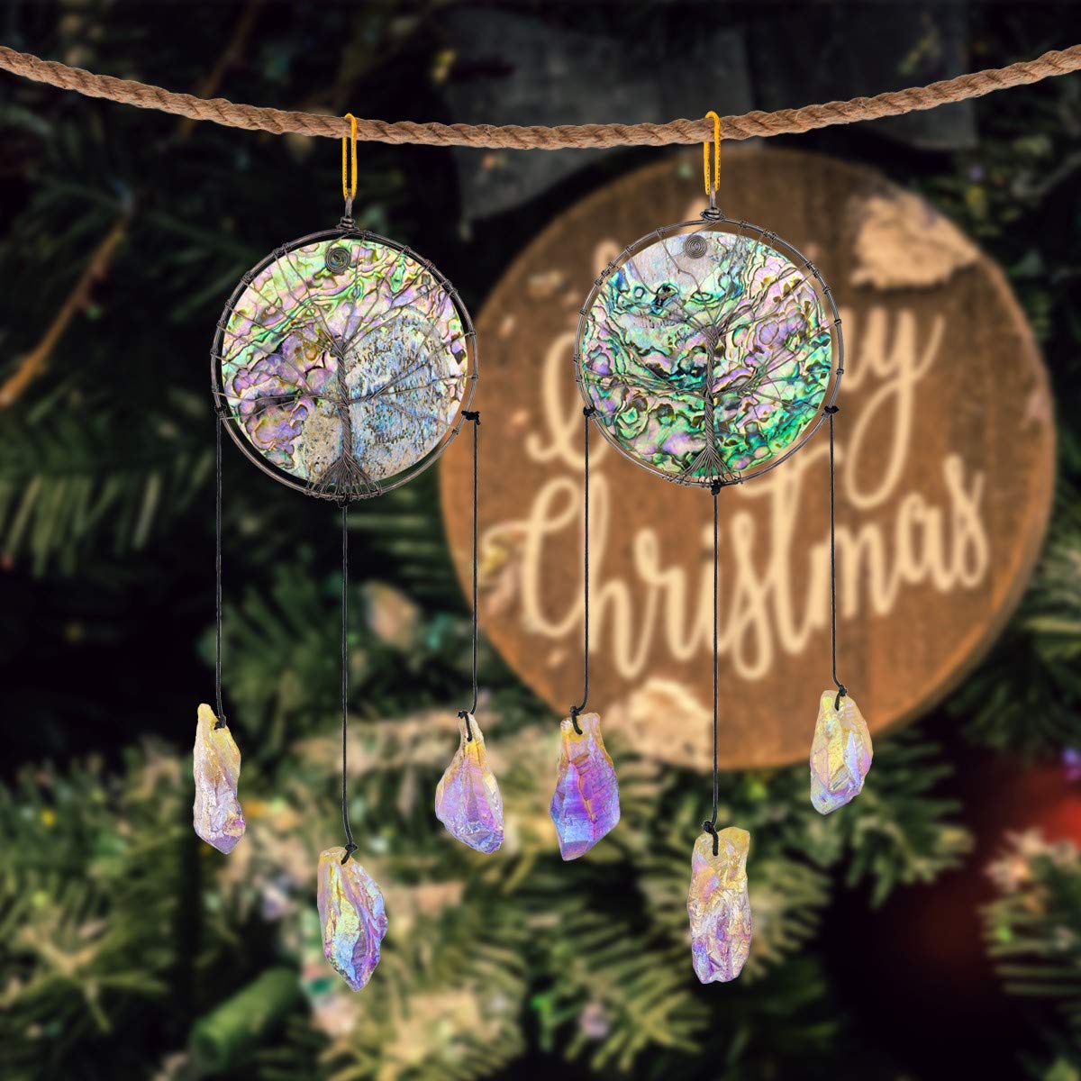 rockcloud Abalone Shell Tree of Life Christmas Ornament with Titanium Coated Crystals Points Pendant Hanging Tree Ornament for Window Wedding Home Decor, Yellow & Purple