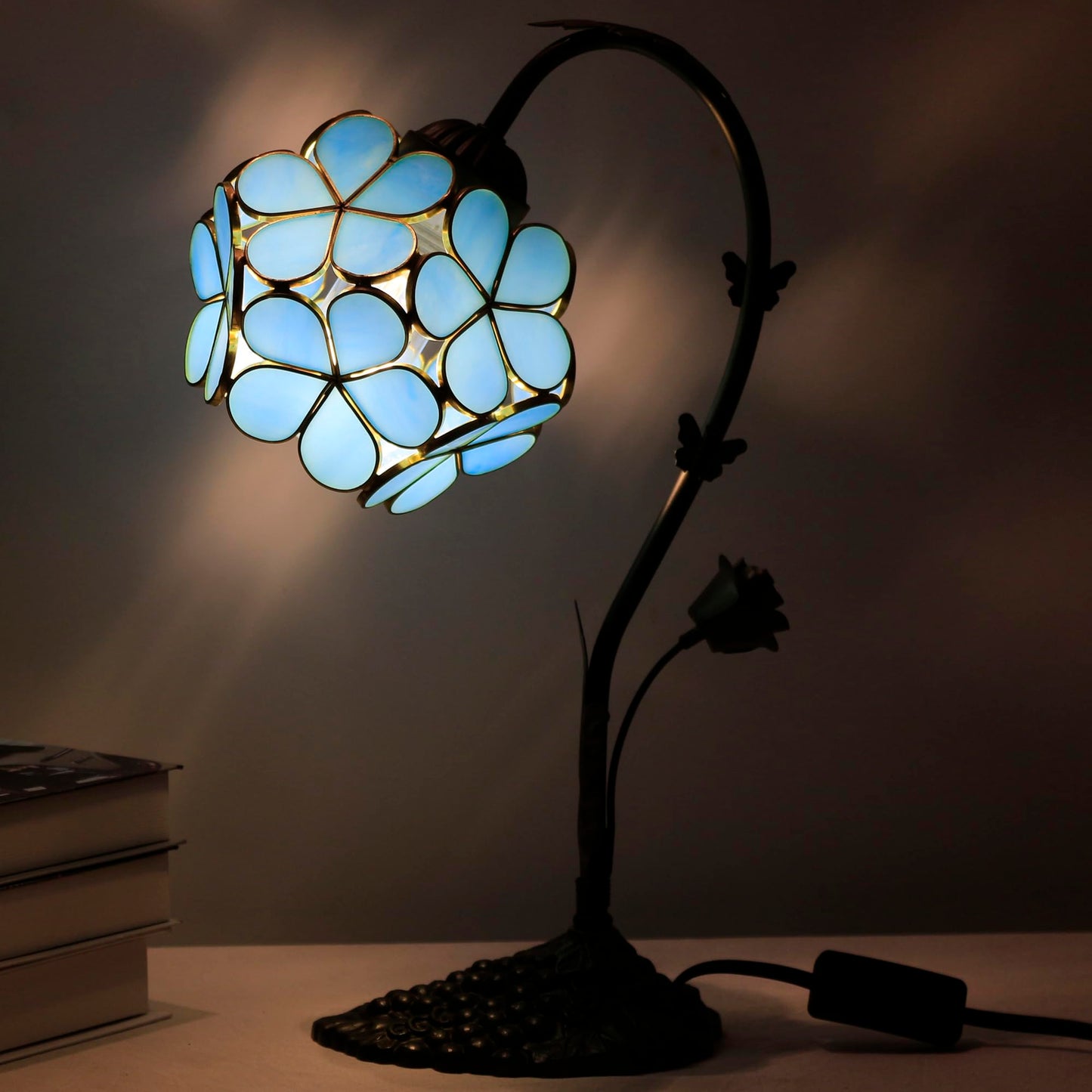 L-Juicwe Tiffany Stained Glass Table Lamp Blue Flower Petal Style 10×6×16 Inches Bedroom Office Reading Light