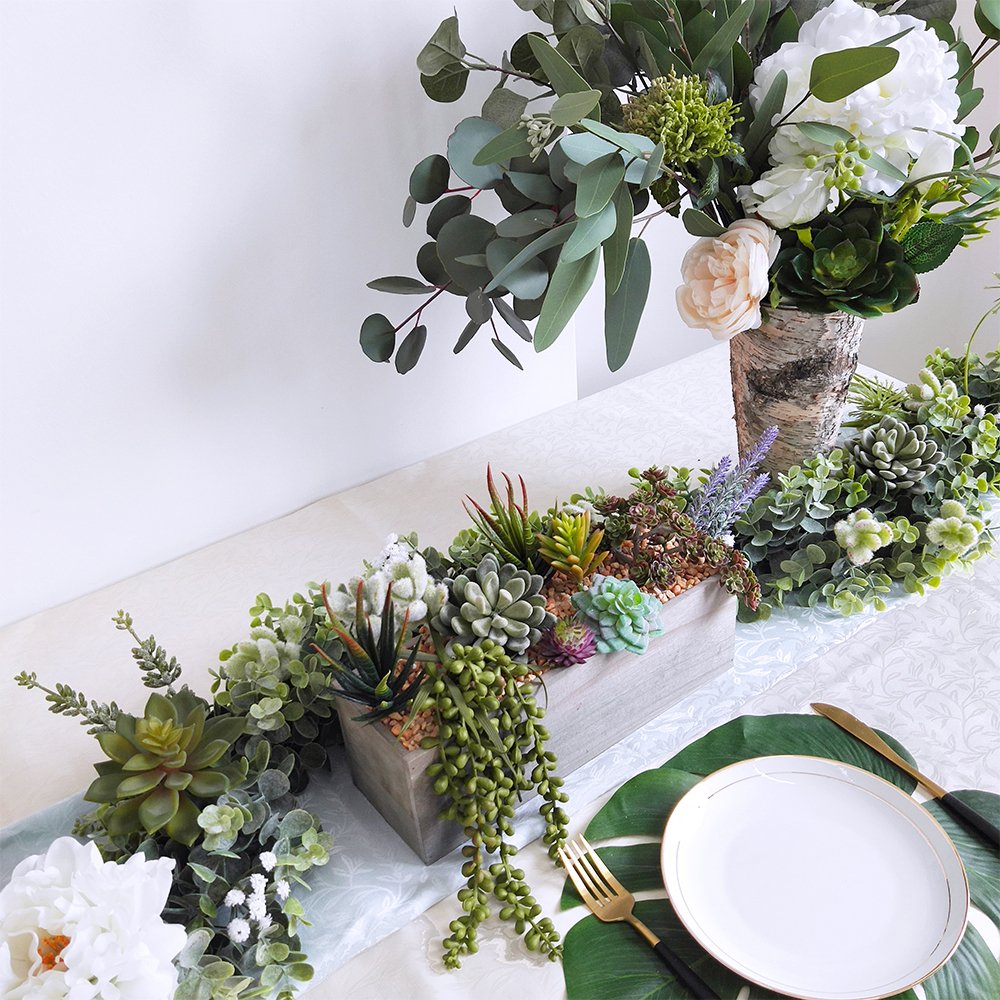 Supla Artificial Potted Succulents Plants Arrangement Fake Succulent Plants in Rectangular Wooden Pot Arrangement for Table Centerpiece Windowsill Greenery Decor