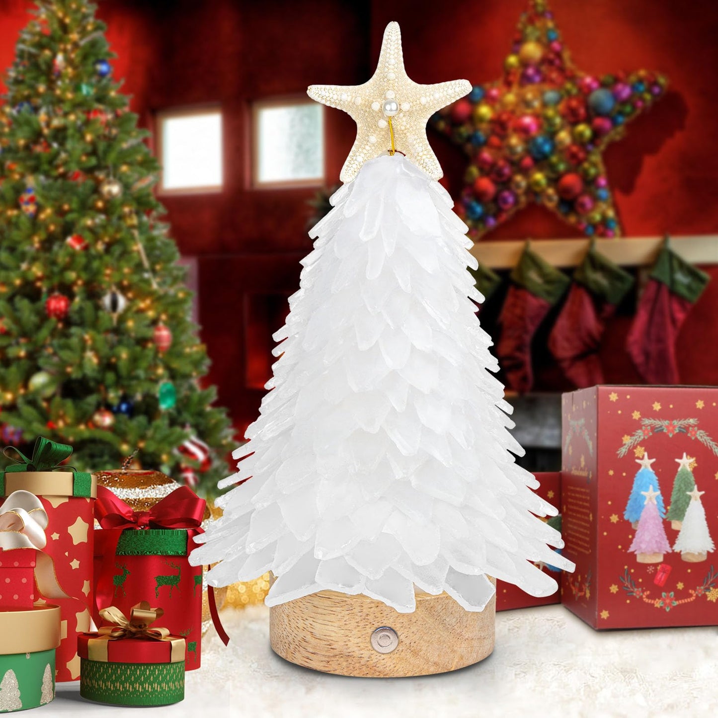 Sea Glass Christmas Tree, 8.5 Inches Mini Tree With Lights - Beach Nautical Themed Seaglass for Table Top, Indoor Decorations, White