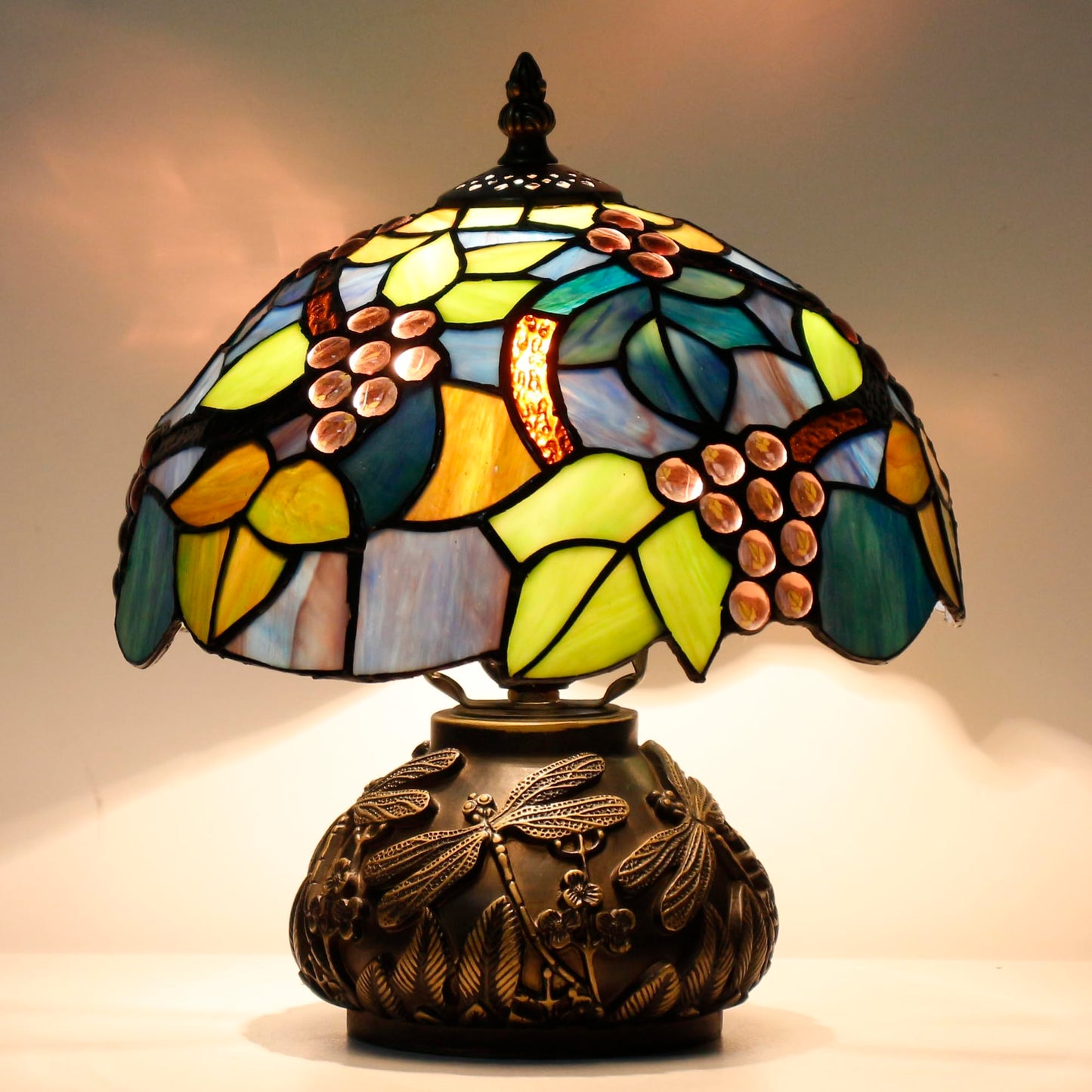Small Tiffany Table Lamp Amber Grapes Style Glass Desk Lamp 10X11.5 Inch