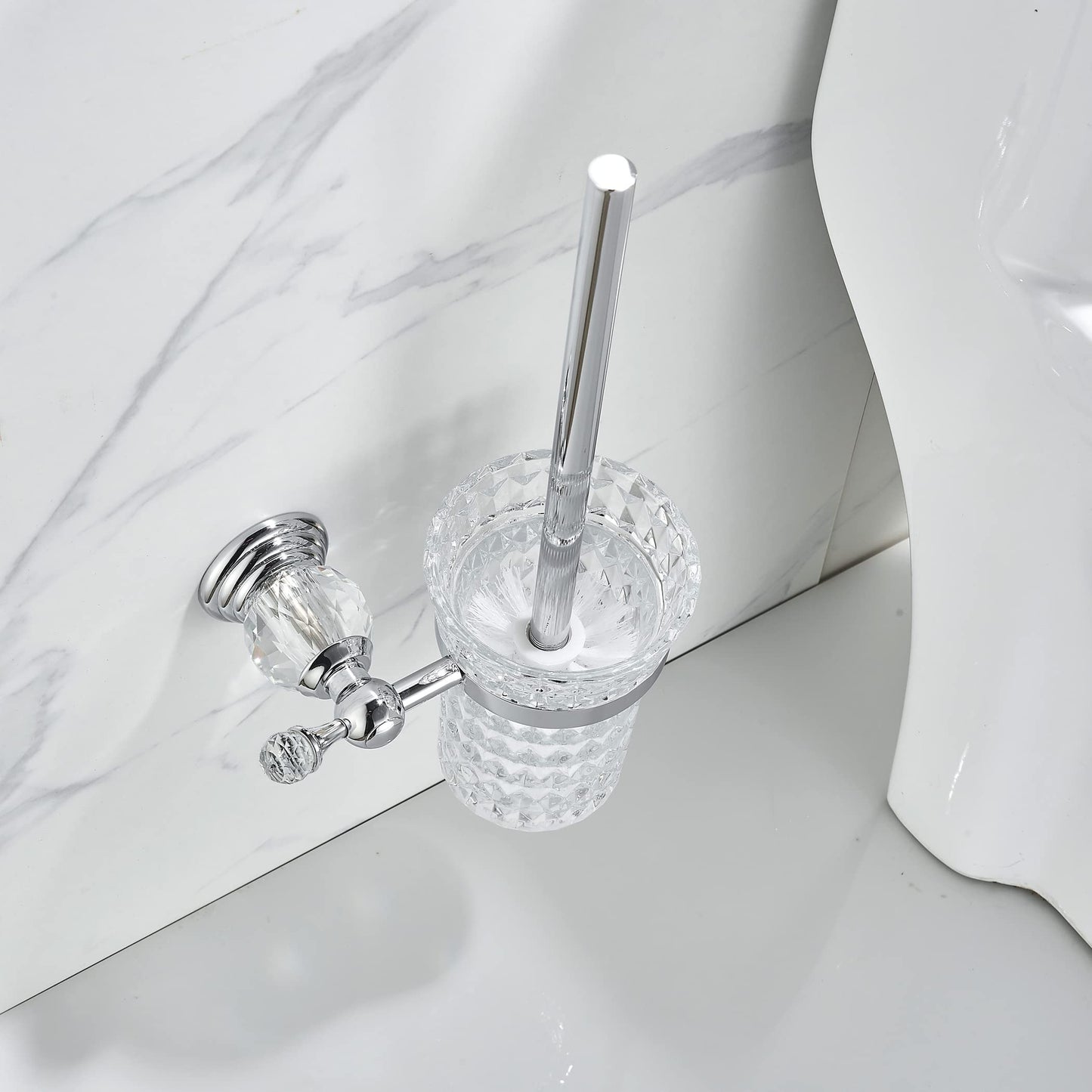 WOLIBEER Crystal Toilet Brush Holder, Chrome Toilet Cup Set with Polished Silver Brush Handle Wall Mounted for Bathroom - Decorative Design,Space Saving.