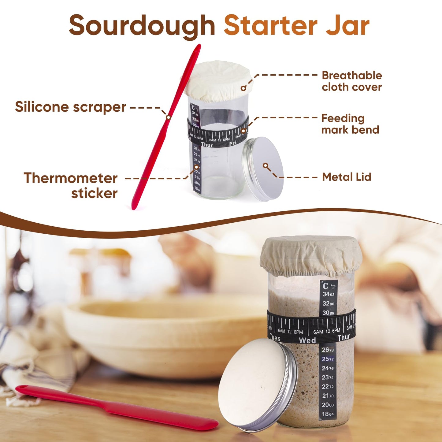 Yiczc Sourdough Starter Kit with Round 9" & Oval 10" Banneton Bread Proofing Baskets, Starter Jar, Dough Whisk, Scraper & Bread Sling, Complete Sourdough Bread Baking Supplies Gift Set for Home Bakers