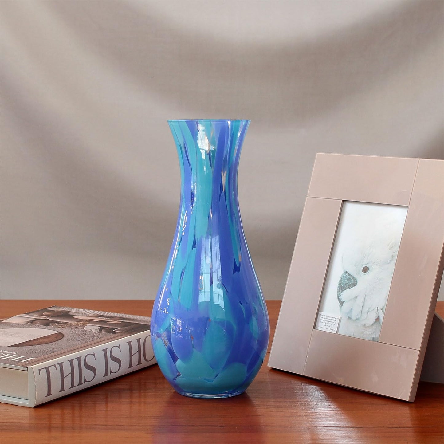 Murano Style Art Glass Vase Hand Blown Blue Confetti Effect Home Decor