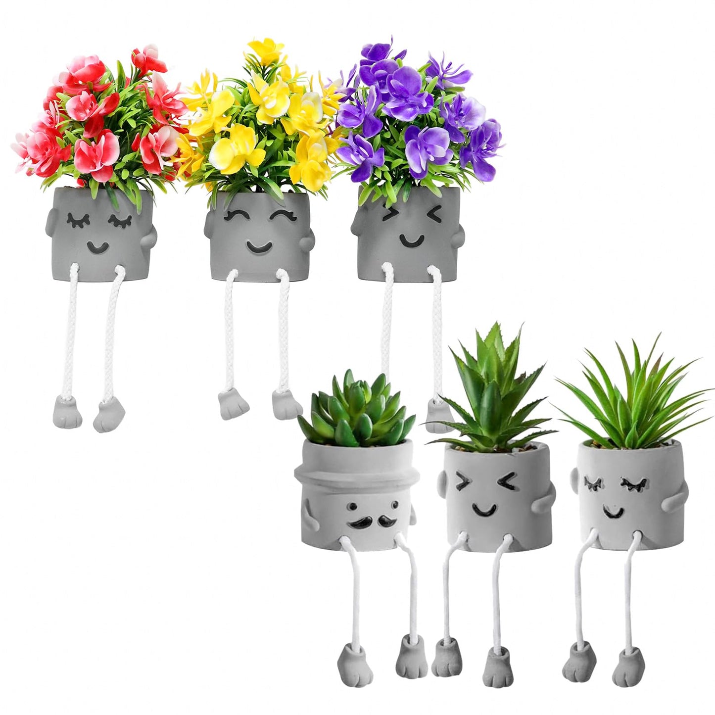 Zerzsy 6pcs Creative Artificial Succulents with Gray Flower Pots, Mini Potted Succulents for Home Office Desk Decor and Gift Choice