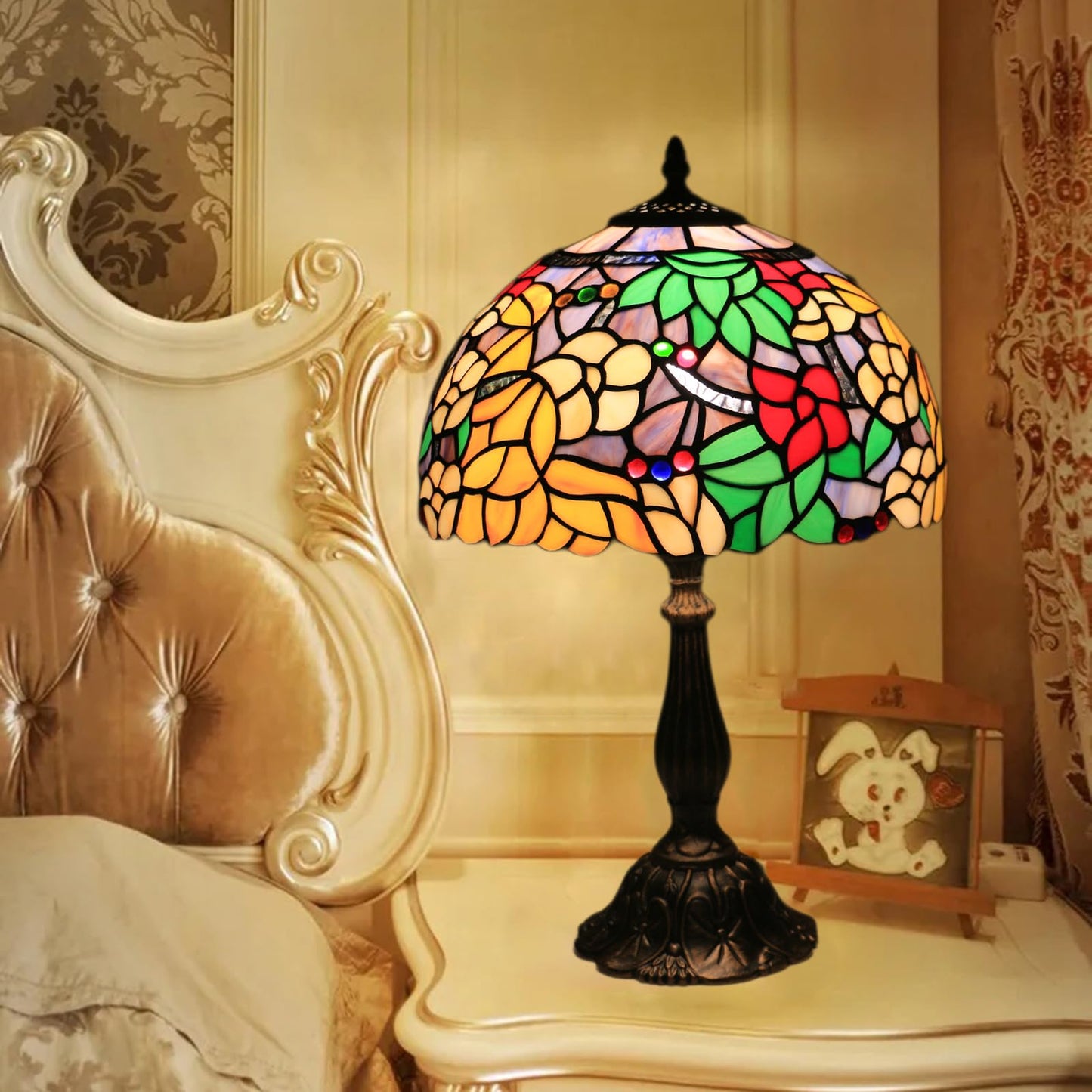 tuomoxte Tiffany Table Lamp for Living Room,Camellia Flower Stained Glass Lamp Shades for Bedside Nightstand Table LampsW/LED Bulb,12X12X19 Inch Tall Home Office Reading Dining Room Desk Lamps