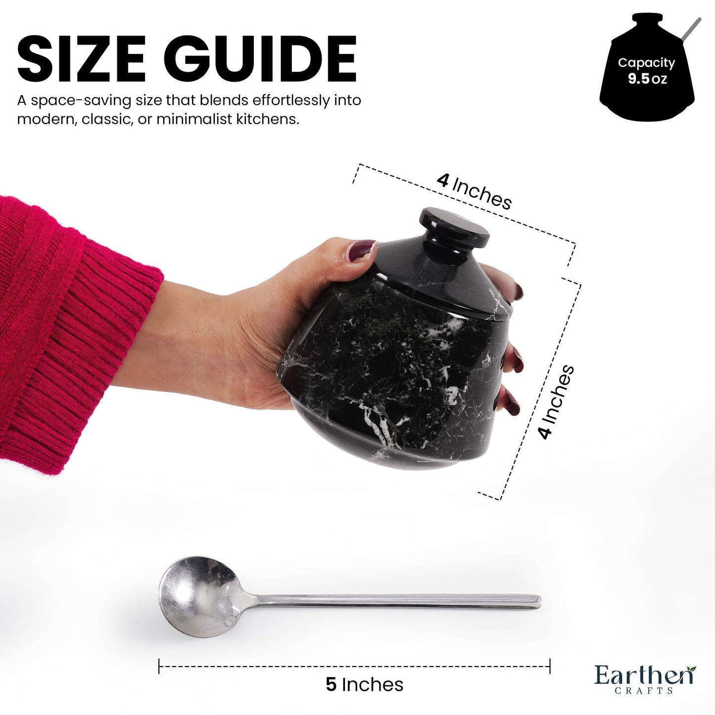 EARTHEN CRAFTS Marble Salt Cellar With Lid & Spoon Black 4" Inch Handmade Salt Holder Stone Salt Storage Seasoning Container, Sugar Bowl, Salt Dish, Salt Box & Spice Jar for Kitchen Countertop
