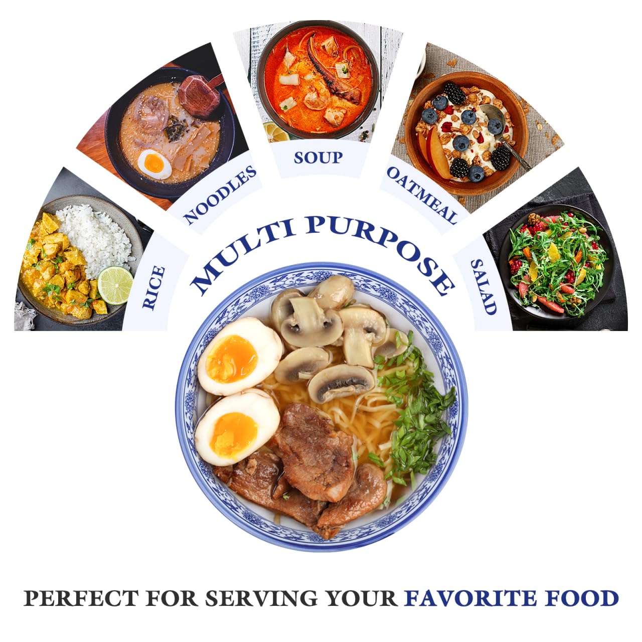 Kichvoe Blue White Porcelain Bowl 6.88 Inch Chinese Style Ceramic Soup Bowl for Rice Noodles Salads Home Kitchen Dinnerware