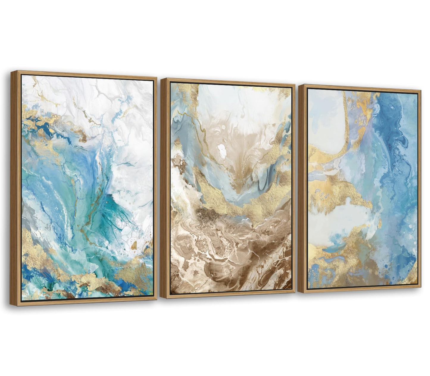 NINEASO Abstract Ocean Framed Wall Art – Vibrant Blue Turquoise Gold White Canvas Pictures Modern Swirls Painting Artwork for Living Room, Office & Home Wall Decor 24 x 16in * 3, Natural Wood Frame