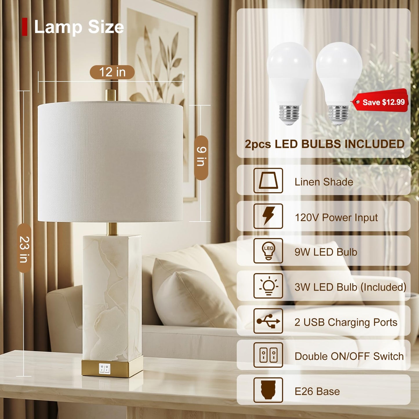 Scenekoy 23" Alabaster Table Lamps Set of 2 for Living Room Bedroom, Bedside Lamps with USB A+C Ports, Modern Table Lamp with Linen Shade for Living Room Bedroom Nightstand (Bulbs Included)