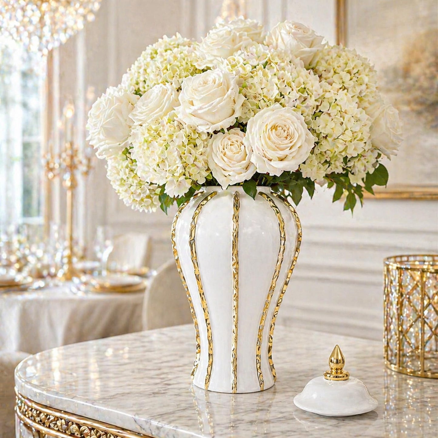 18 Inch White Gold Ginger Jar, Ceramic Decorative Vase