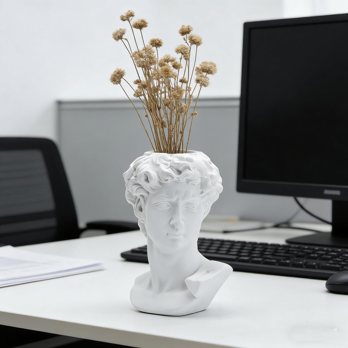 David Head Vase, White Resin Greek Statue Flower Pot, Modern Sculpture Planter Pen Holder, Decorative Bust Vase for Home, Office, Desk, Aesthetic Room Decor