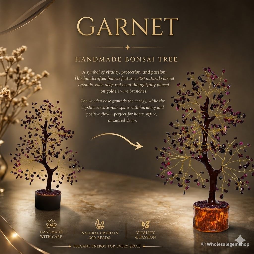 GEMSCITE Garnet Gemstone Tree Size 10-12" Handmade Feng Shui Figurine Money Bonsai Good Luck Reiki Healing Crystals - Golden Wire