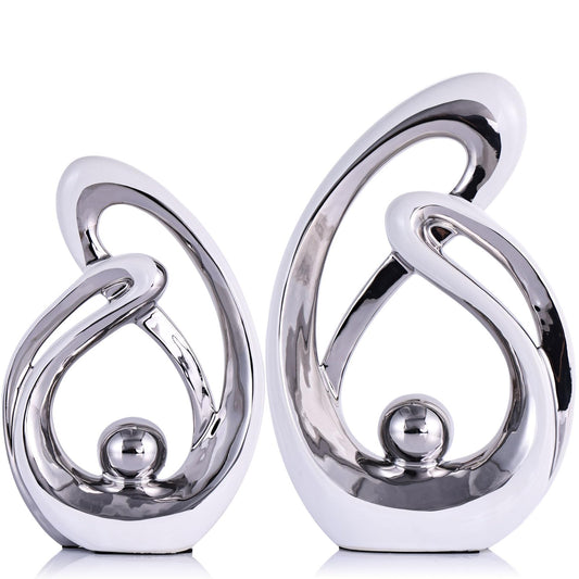 Home Decor Accent,Porcelain Art Mid Century Bookshelf Decorations,Gold Centerpieces for Tables,Abstract Ceramic Statue Sculpture for Coffee Table Mantel Tv Stand Centerpieces (White Silver, Large)