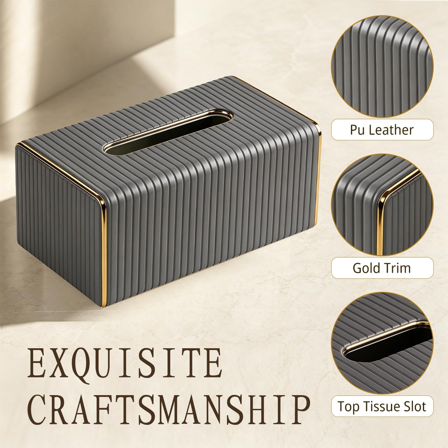Fanousy Grey Tissue Box Holder Rectangle,Tissues Cover with Gold Trim